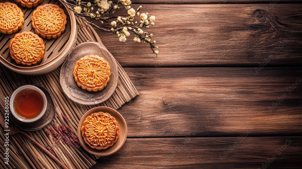 A cozy scene of mooncakes on a wooden table, with traditional Chinese decor celebrating the Mid-Autumn Festival. A cozy scene of mooncakes on a wooden table, with traditional Chinese decor celebrating the Mid-Autumn Festival.