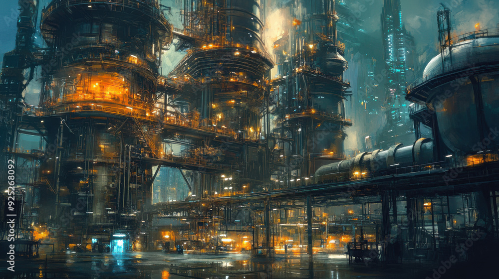 High-tech oil refinery with automated processes and robots High-tech oil refinery with automated processes and robots