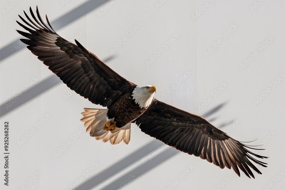 Fototapeta premium Bald Eagle Flying on White Background, Real Photo, Pattern Background, Wallpaper, Cover and Screen for Smartphone, Cell Phone, Computer, Laptop