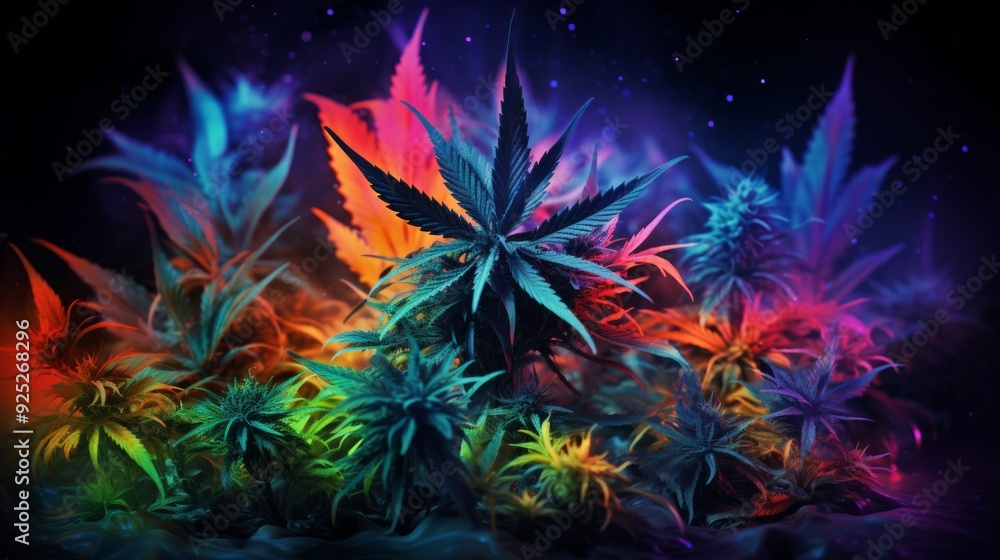 Leaves of a cannabis plant close up. Colored pink leaf of medical marijuana on a dark background. Neural network ai generated art Leaves of a cannabis plant close up. Colored pink leaf of medical marijuana on a dark background. Neural network ai generated art