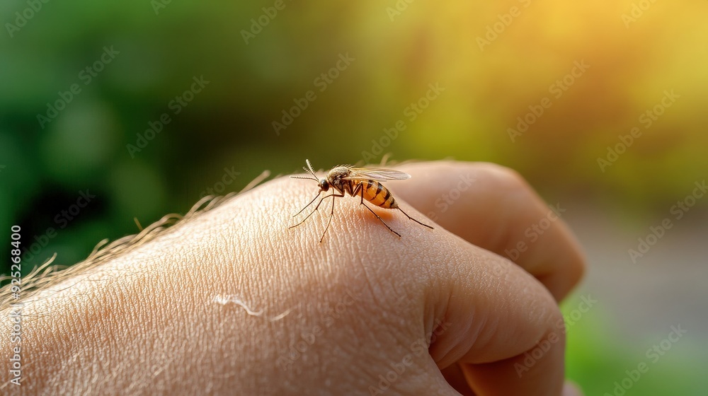 A mosquito is on a person's arm. The mosquito is brown and red. The person is not wearing any protective clothing A mosquito is on a person's arm. The mosquito is brown and red. The person is not wearing any protective clothing