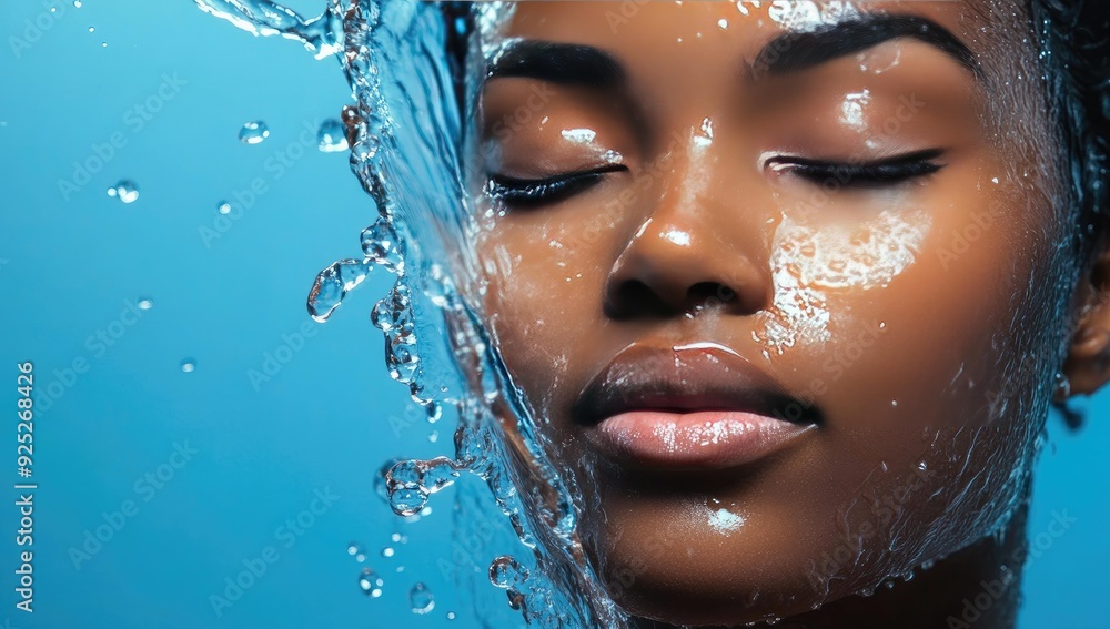 Woman's face with water splashing over it. Woman's face with water splashing over it.