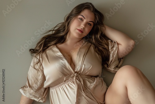 Plus-size beauty in beige sleepwear, sensual pose. Concept about lifestyle and body positivity