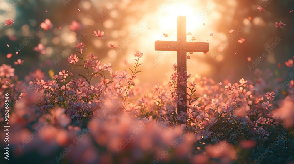 A wooden cross stands gracefully surrounded by vibrant flowers as the sun sets, casting a warm glow over the peaceful garden A wooden cross stands gracefully surrounded by vibrant flowers as the sun sets, casting a warm glow over the peaceful garden