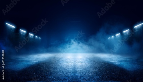 The dark stage shows, dark blue background, an empty dark scene, neon light, spotlights The asphalt floor and studio room with smoke float up the interior 