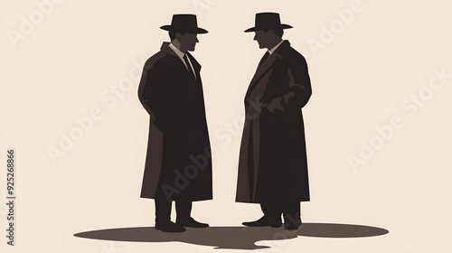Two men in long coats and hats stand facing each other, their silhouettes against a light background.