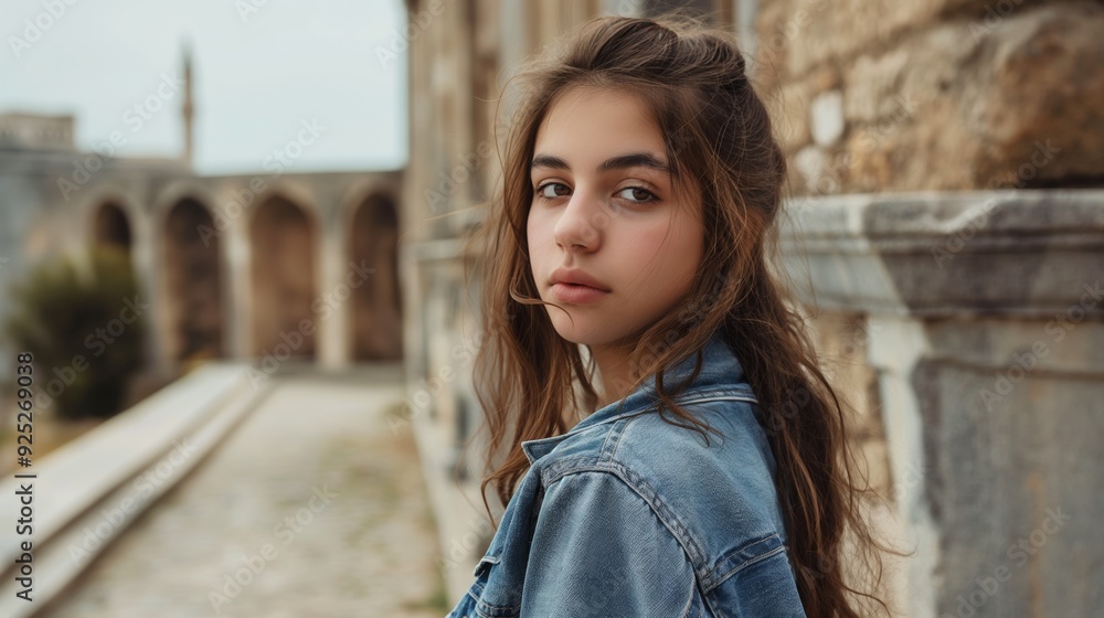 A thoughtful young woman in a denim jacket stands near an ancient building with archways, exuding a sense of nostalgia and reflection. A thoughtful young woman in a denim jacket stands near an ancient building with archways, exuding a sense of nostalgia and reflection.