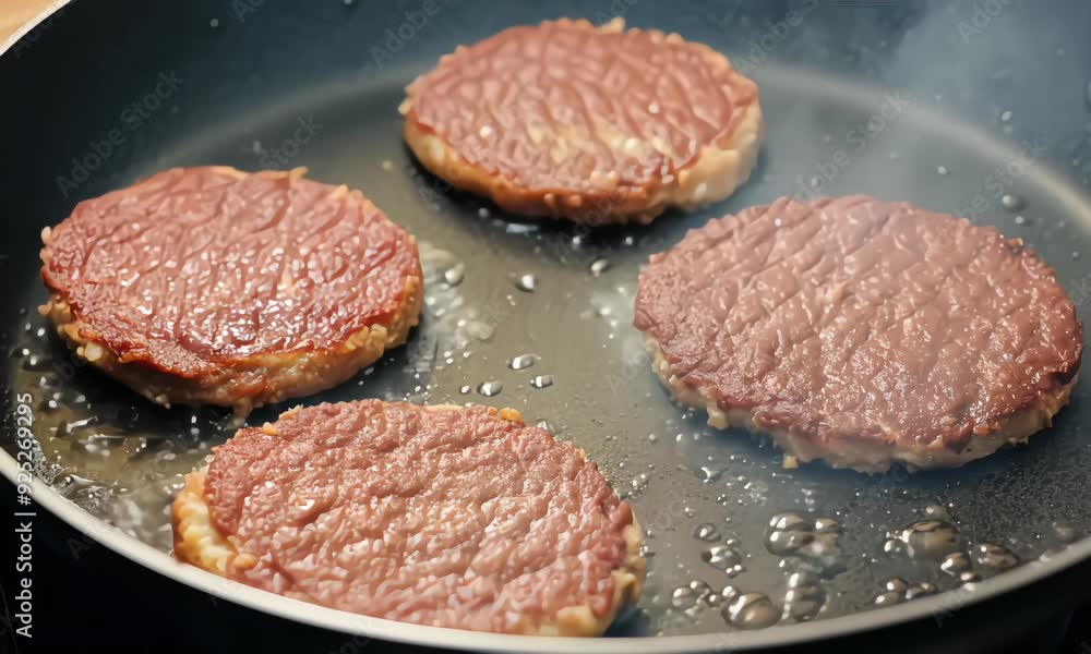 Sizzling beef patties cooking on a hot skillet, perfect for burgers Sizzling beef patties cooking on a hot skillet, perfect for burgers