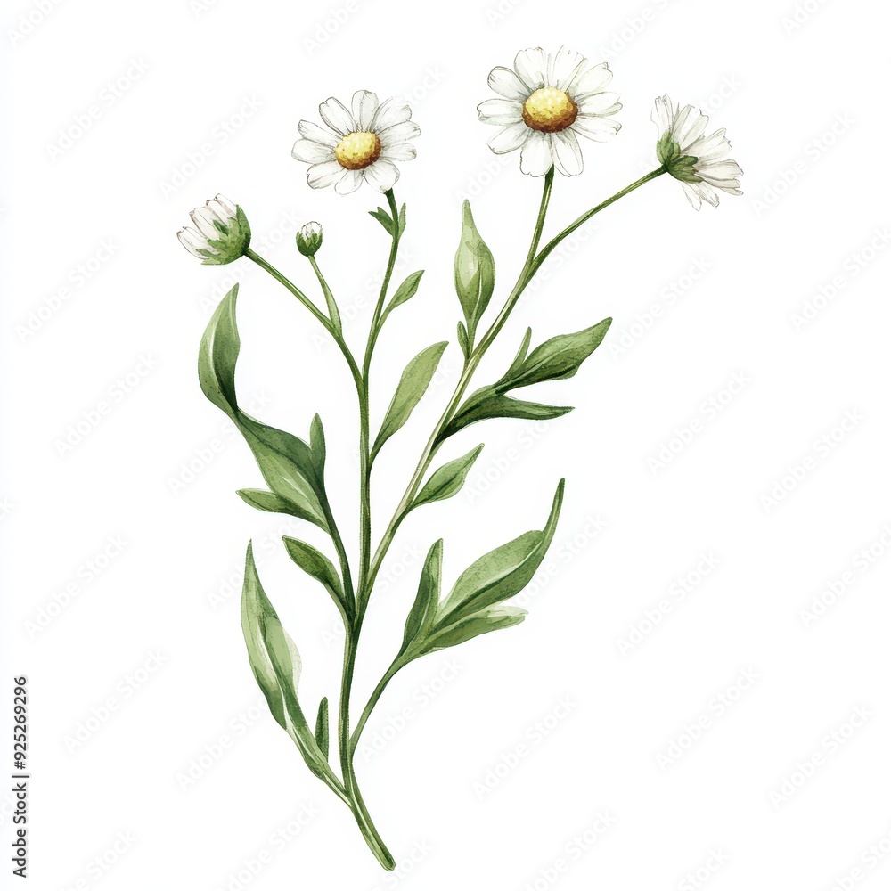Fototapeta premium Watercolor Painting of White Daisies with Green Stems.