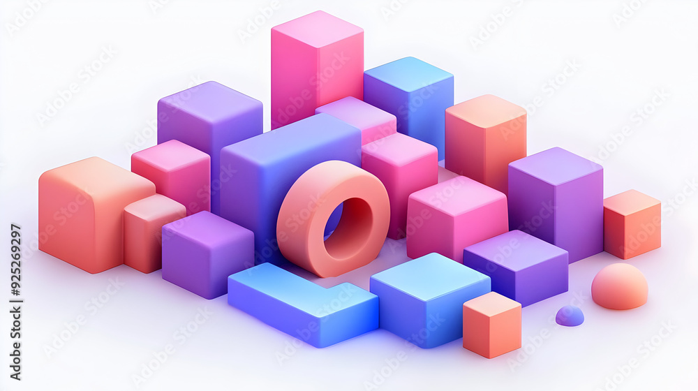 A colorful arrangement of 3D geometric shapes in vibrant hues. A colorful arrangement of 3D geometric shapes in vibrant hues.