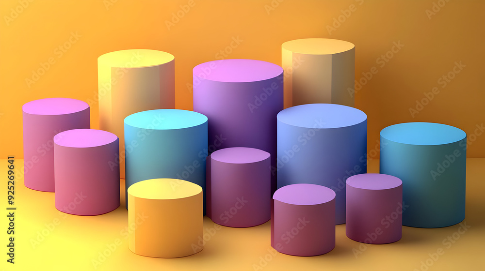 A colorful arrangement of cylindrical shapes in various sizes and colors on a gradient background. A colorful arrangement of cylindrical shapes in various sizes and colors on a gradient background.