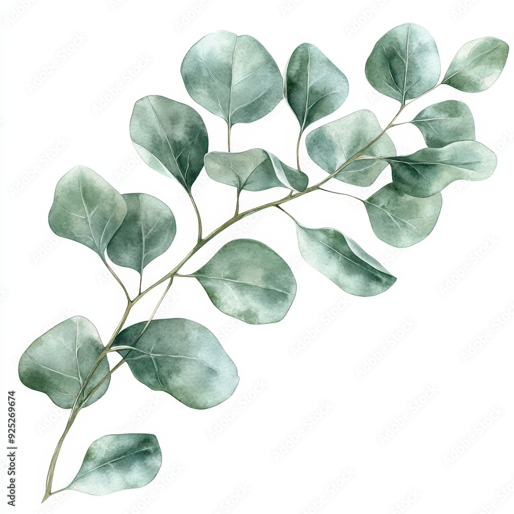 Watercolor Eucalyptus Branch with Green Leaves. Watercolor Eucalyptus Branch with Green Leaves.
