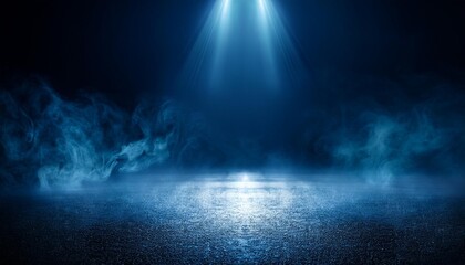 The dark stage shows, dark blue background, an empty dark scene, neon light, spotlights The asphalt floor and studio room with smoke float up the interior 