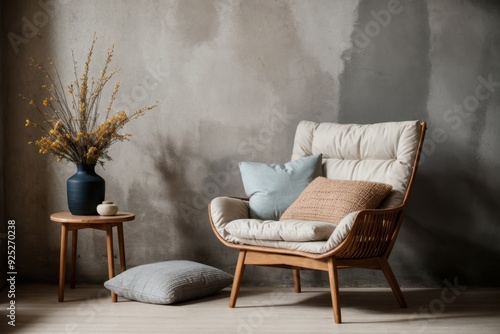 Inviting armchair adorned with cushions near a wooden table accompanied by a vase and dried flowers