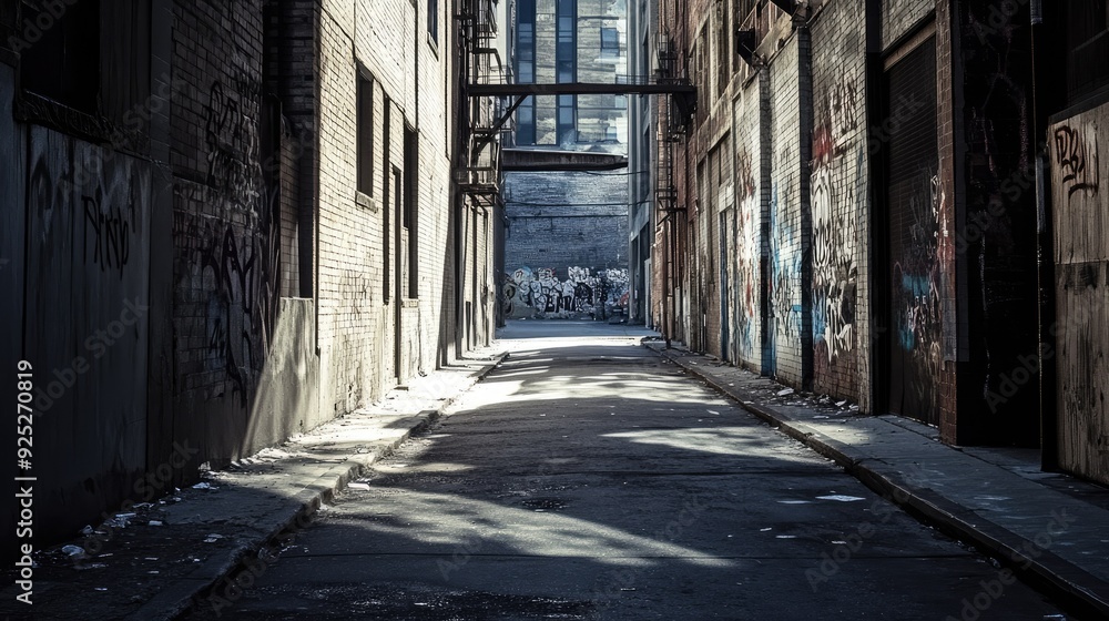 A shadowed alley with spray-painted political slogans, indicating unrest, with empty space for text. A shadowed alley with spray-painted political slogans, indicating unrest, with empty space for text.