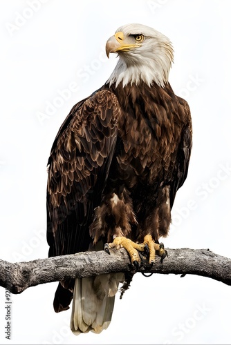 Bald Eagle Perched on Branch on White Background, Real Photo, Pattern Background, Wallpaper, Cover and Screen of Smartphone, Cell Phone, Computer, Laptop