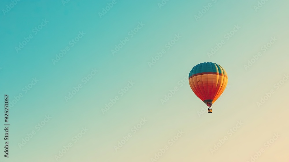 Fototapeta premium A single hot air balloon ascends into a clear, boundless sky, representing exploration and the joy of flight.