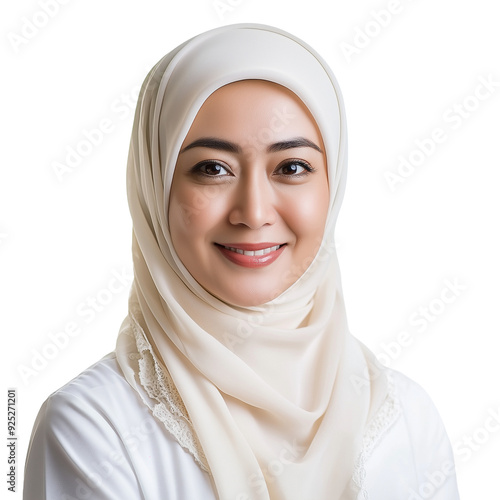 Beautiful middle aged Indonesian woman in hijab smiling. Asian style model, isolated on white background. Muslim woman. Design element for poster, publicity.