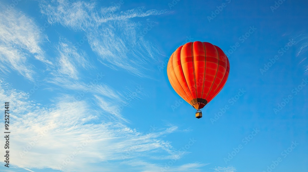 Fototapeta premium A solitary hot air balloon drifts across a wide-open sky, symbolizing freedom and adventure in an expansive blue canvas.