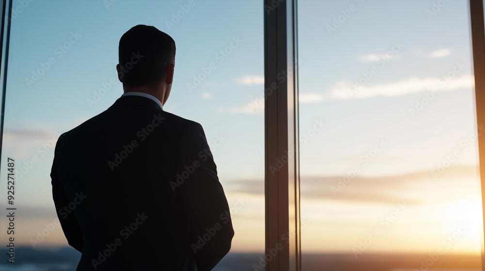 businessman in a suit standing in office near the window looking at the sky sunset businessman in a suit standing in office near the window looking at the sky sunset