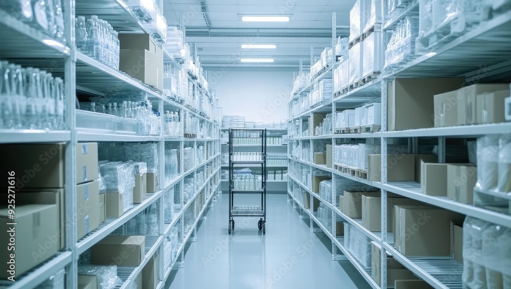 Fototapeta premium Warehouse with rows of shelves and boxes.