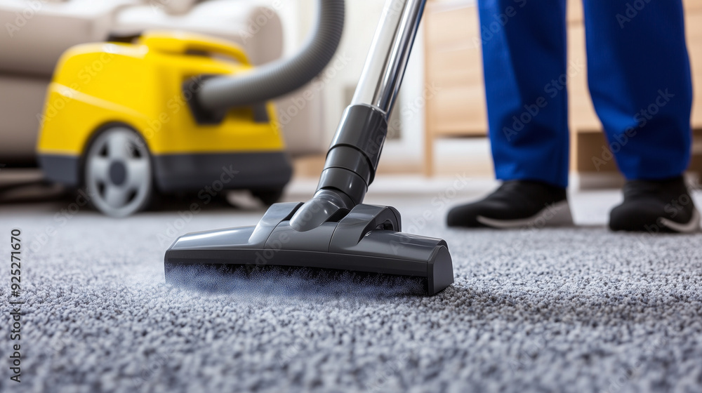 Close-up of worker carpet cleaning with a vacuum cleaner at home Close-up of worker carpet cleaning with a vacuum cleaner at home