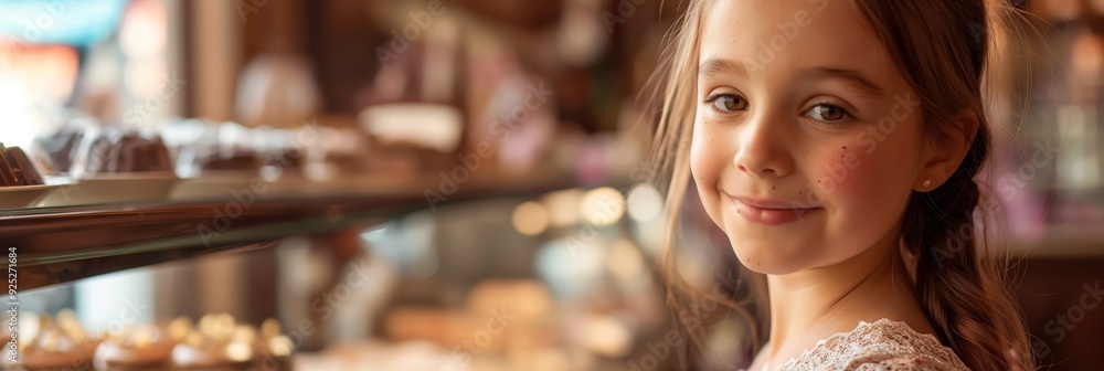 A smiling young girl stands next to a display case filled with pastries and desserts inside a bakery, looking pleased and content. A smiling young girl stands next to a display case filled with pastries and desserts inside a bakery, looking pleased and content.