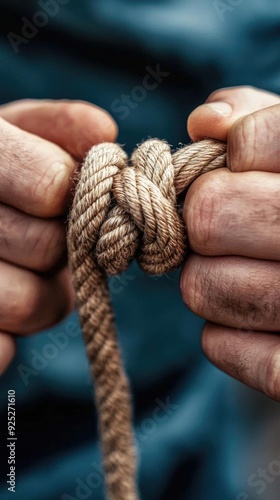 Close-up of hands tying a knot on a tent rope, essential camping skills, detailed survival concept