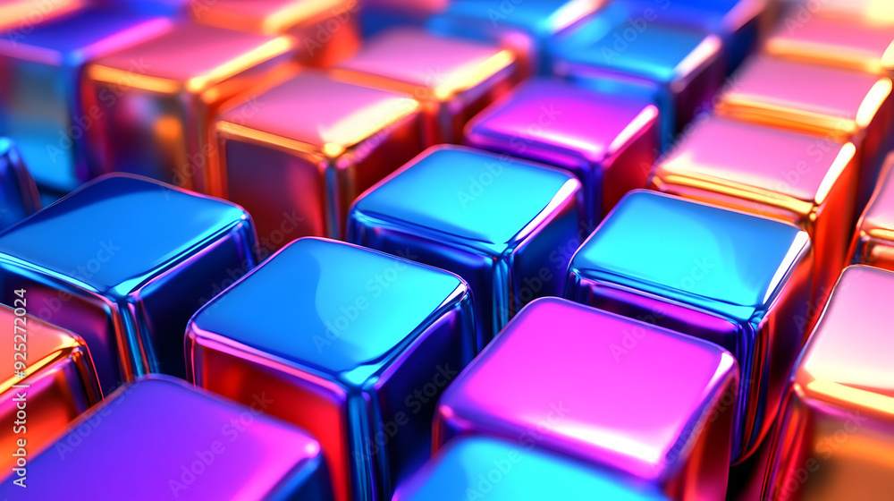 A colorful arrangement of shiny, reflective cubes in vibrant hues of blue and purple. A colorful arrangement of shiny, reflective cubes in vibrant hues of blue and purple.