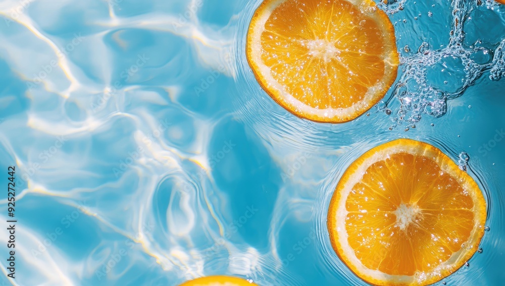 Orange slices floating in blue water. Orange slices floating in blue water.