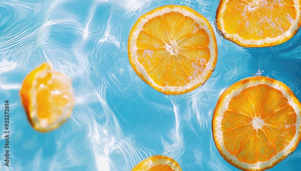 Orange slices floating in blue water. Orange slices floating in blue water.