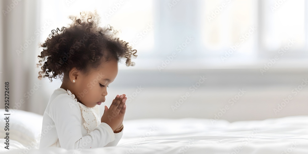 Little girl kneeling on bed praying Little girl kneeling on bed praying