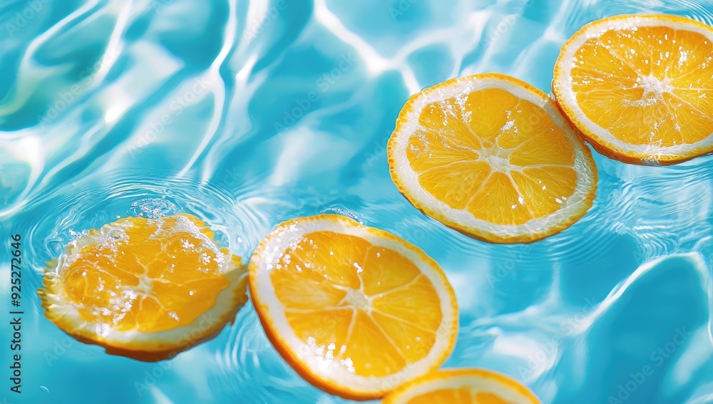 Orange slices floating in blue water. Orange slices floating in blue water.