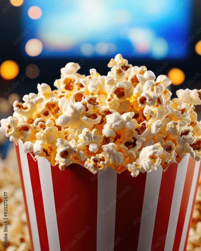 A close-up of delicious, buttery popcorn in a classic red and white striped container, perfect for movie nights. A close-up of delicious, buttery popcorn in a classic red and white striped container, perfect for movie nights.
