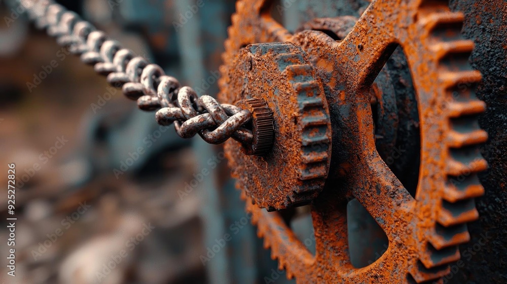 Close-up of a rusty gear and chain, showcasing industrial decay and vintage machinery aesthetics. Close-up of a rusty gear and chain, showcasing industrial decay and vintage machinery aesthetics.