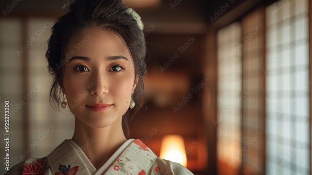 A young woman in traditional clothing stands indoors with soft lighting, her serene expression complemented by a warm, elegant background. A young woman in traditional clothing stands indoors with soft lighting, her serene expression complemented by a warm, elegant background.