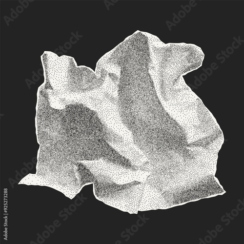 Crumpled paper ball isolated on dark background. Old dusty torn notebook sheet with gritty dot texture, jagged edges.