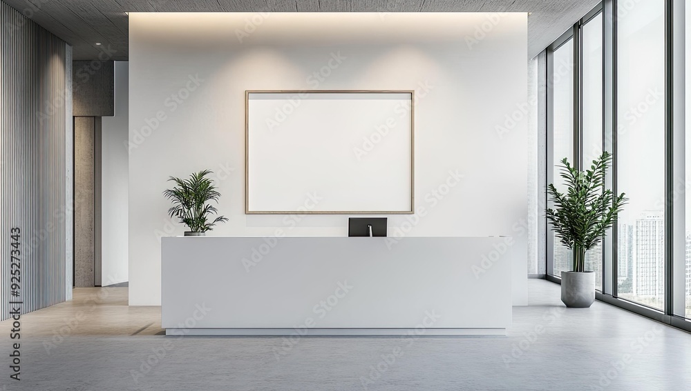 Modern minimalist office interior with a reception desk. Modern minimalist office interior with a reception desk.