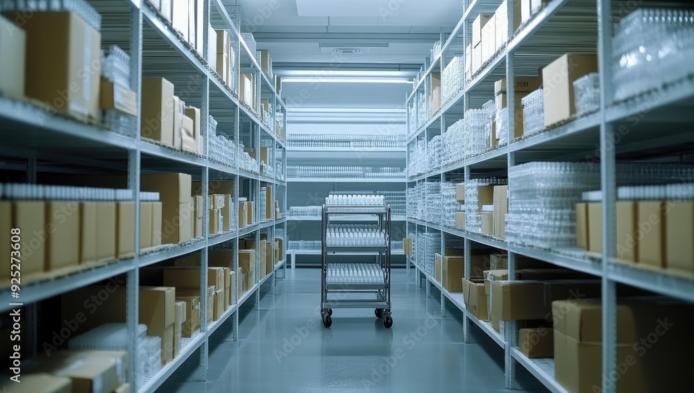 Warehouse storage shelves with boxes and bottles. Warehouse storage shelves with boxes and bottles.