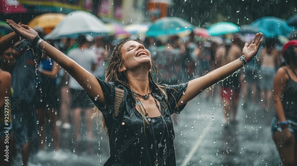 Fototapeta premium Dancing girl black t-shirt in the rain at defcon open air techno festival