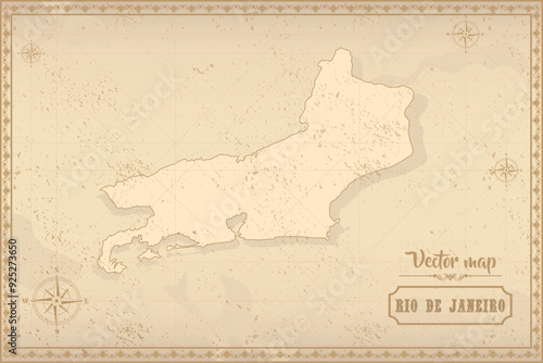 Map of Rio de Janeiro in the old style, brown graphics in retro fantasy style. Federative units of Brazil.