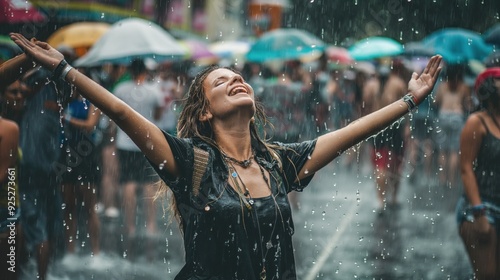 Dancing girl black t-shirt in the rain at defcon open air techno festival photo