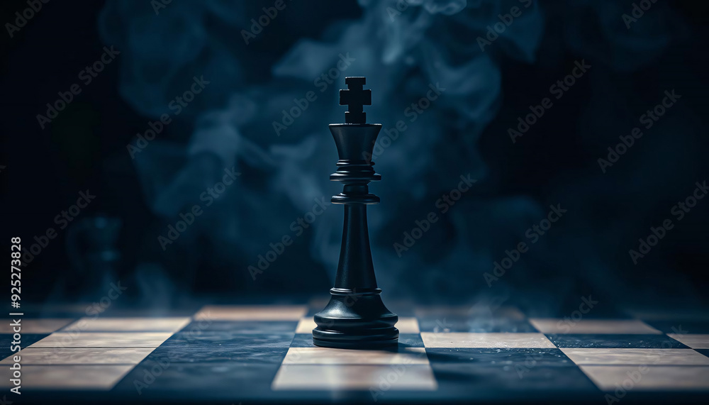 A black chess king piece standing alone on a chessboard in a dark, moody environment with smoke and dramatic lighting A black chess king piece standing alone on a chessboard in a dark, moody environment with smoke and dramatic lighting