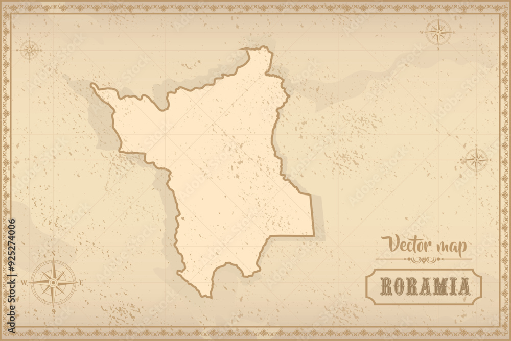 Obraz premium Map of Roraima in the old style, brown graphics in retro fantasy style. Federative units of Brazil.