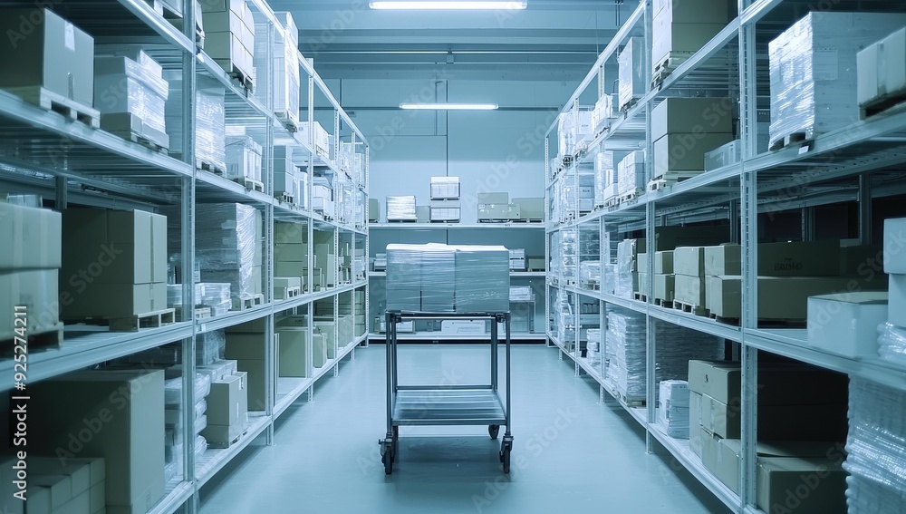 A warehouse with shelves full of boxes. A warehouse with shelves full of boxes.