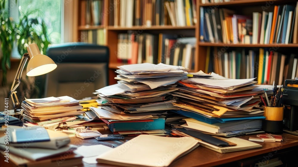 An office desk overloaded with documents and files, spilling off the sides, creating a chaotic and cluttered workspace. An office desk overloaded with documents and files, spilling off the sides, creating a chaotic and cluttered workspace.