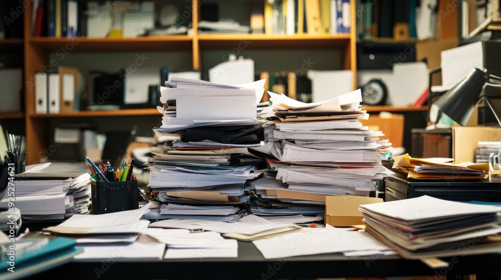 An overwhelmed desk in a busy office, papers and folders scattered everywhere, creating a sense of disorganization. An overwhelmed desk in a busy office, papers and folders scattered everywhere, creating a sense of disorganization.