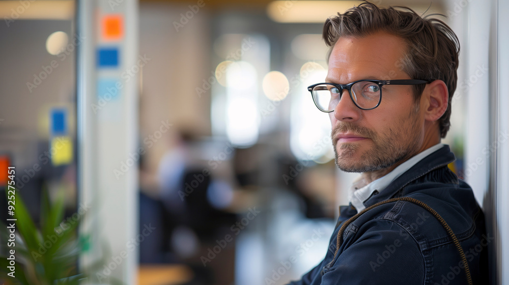 A man with glasses leans against a wall in an office setting, exuding a professional and thoughtful demeanor, suggesting a moment of contemplation amidst a busy workspace. A man with glasses leans against a wall in an office setting, exuding a professional and thoughtful demeanor, suggesting a moment of contemplation amidst a busy workspace.