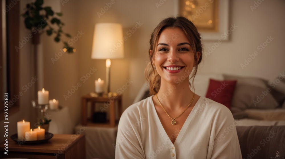 Joyful Woman Basking In Warm Candle Glow In Comfortable Surroundings Joyful Woman Basking In Warm Candle Glow In Comfortable Surroundings