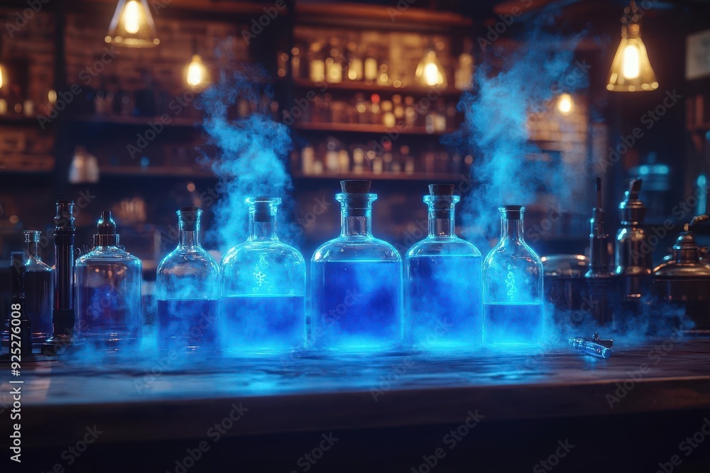 magical potion laboratory with glowing vials steampunk apparatus and swirling mist bathed in eerie blue light creating an atmosphere of mystery and alchemy magical potion laboratory with glowing vials steampunk apparatus and swirling mist bathed in eerie blue light creating an atmosphere of mystery and alchemy